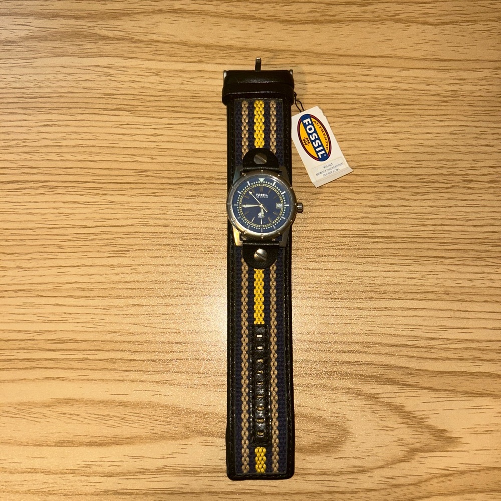 Fossil Men’s AM3740 Blue Dial Date Leather Cuff Watch